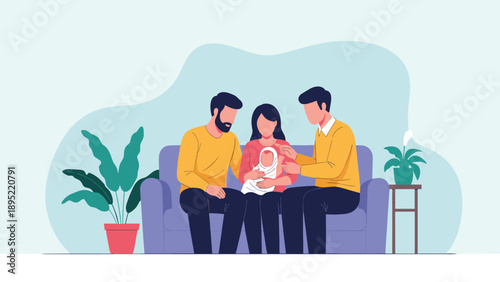 Happy young family including parents and infant baby sitting together on sofa in living room representing new parenthood.