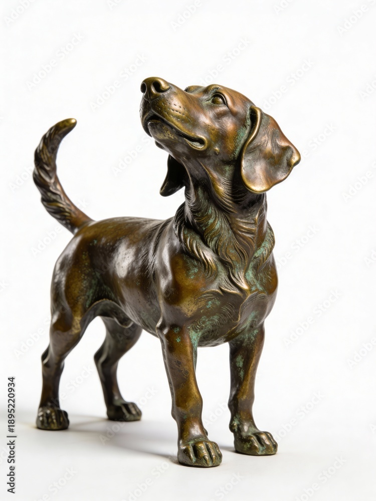 Fototapeta premium Bronze statue of a beagle dog looking upwards with a white background