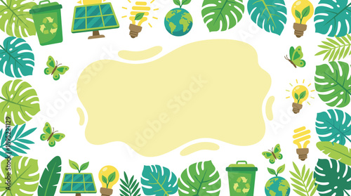 Sustainable living eco friendly border with green leaves and earth