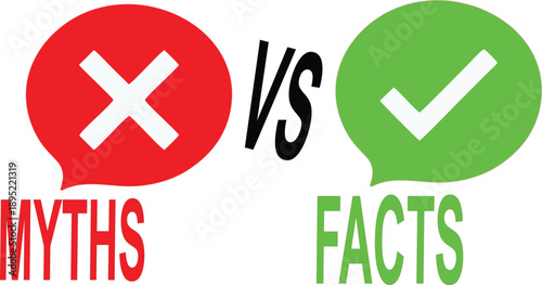 Myths vs facts comparison banner with cross and check mark speech bubbles, true and false verification sign, debunking fake news and information concept, vector
