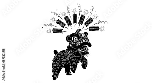 Black Lion Dance Costume Head Illustration.