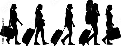 Silhouettes of Women Walking with Suitcases on a White Background Keywords: woman, women, silhouette, walking, suitcase, luggage
