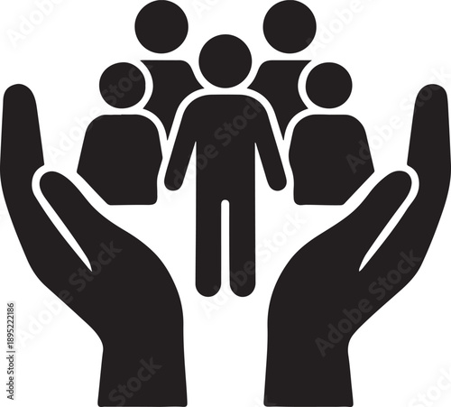 Hands icon holding multiple people symbolizing care for community and society silhouette