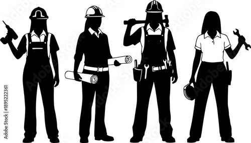 Four black silhouette female construction workers with tools and equipment woman
