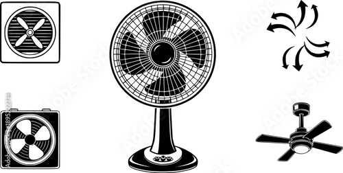 Electric fan vector illustration, household appliance cooling symbol, table fan and ventilation propeller icons, summer cooling equipment design, air circulation graphic elements See Less
