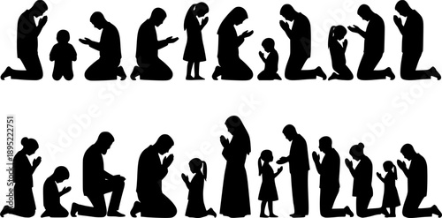 Silhouette collection of praying people, men women and children in worship, folded hands, Christian prayer poses, religious faith meditation vector illustration See Less
