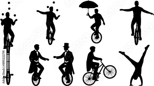 Unicycle rider silhouette vector collection with juggling, umbrella, balance poses, circus performance, street entertainment, cycling tricks, artistic stunt illustration, black design isolated