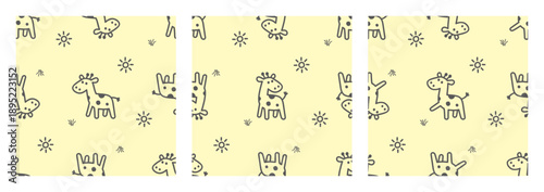 Giraffe Doodle Hand Drawn Seamles Pattern, Cute Animal vector Set Collection