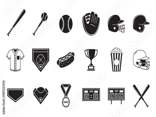 Collection of black and white sports equipment icons including baseball football and hockey gear
