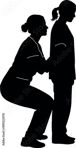 Female Nurse or CNA Assisting Patient to Stand; Medical Mobility Assistance Silhouette, Rehabilitation and Physical Therapy Support