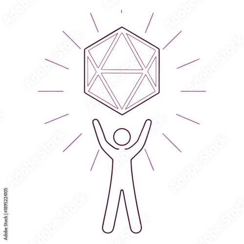 Person raising arms celebrating success with a glowing icosahedron above, symbolizing achievement, luck, or game mastery