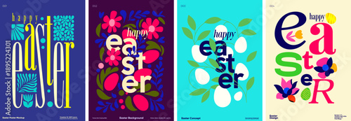 Сollection of Easter-themed posters featuring bold typography and colorful floral designs. Each poster creatively incorporates the word 'Easter' with decorative elements like flowers