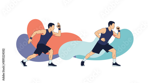 Men in athletic tank tops and shorts perform various fitness exercises including running, lunges, and dynamic stretching.