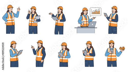 Professional female construction worker in reflective orange vest and hard hat demonstrates various poses with tablet.