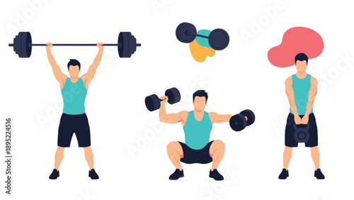 Strong male athlete performs various strength training exercises with barbell, dumbbells, and kettlebells on white background.