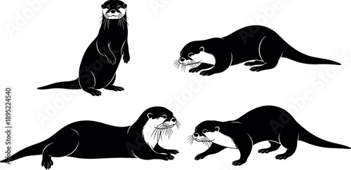Otter Silhouette Set Vector Illustration Collection of Aquatic Mammals in Various Poses Isolated on White Background