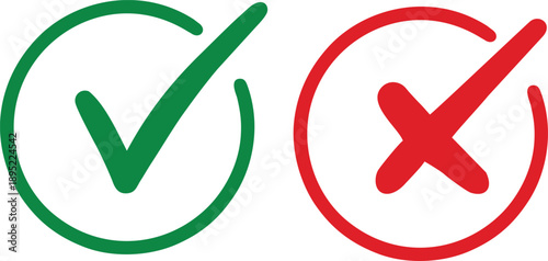 Green check mark and red cross mark icons in circles, set of yes or no signs, right and wrong symbols for decision making, correct and incorrect vector isolated on white