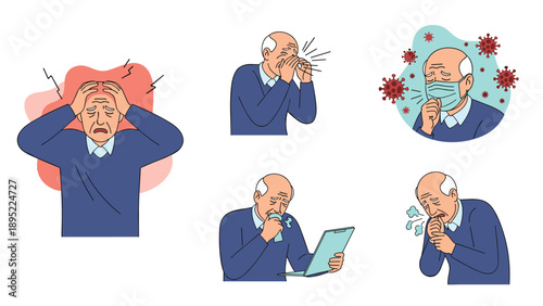 Elderly man experiences various health issues including severe headache, sneezing, coughing, and fever while wearing a mask.