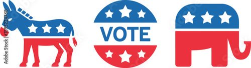 Illustrative American election symbols featuring a donkey, vote button, and elephant representing major political parties