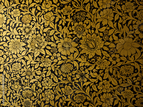 Foto Intricate floral pattern in gold and black reminiscent of william morris