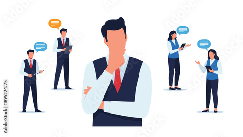 Group of business professionals engaged in communication and collaboration using digital tablets and expressing ideas with bubbles.