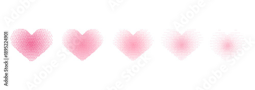Set of pink bitmap style hearts with fading gradient effect in halftone design, suitable for UI design, romantic themes, mobile apps, Valentine’s graphics, and social media content.Vector illustration
