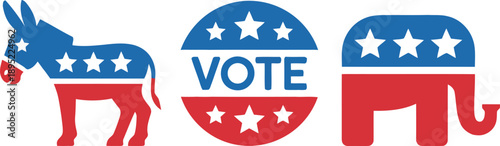 Iconic American political symbols of the Democratic donkey, Republican elephant, and a Vote button in patriotic colors