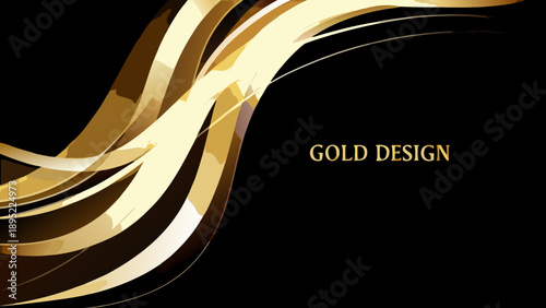 Elegant golden ribbons flowing across a dark black background design