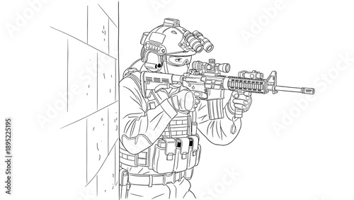 Tactical operative in action: detailed line art of soldier with gear and rifle