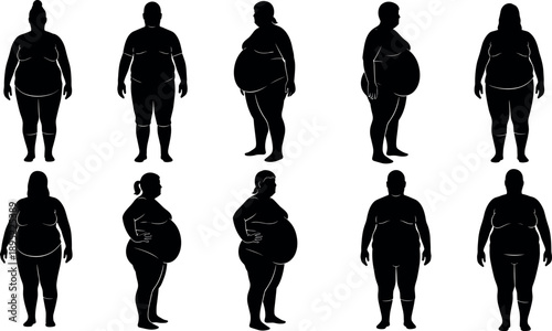 Set of Overweight and Obese People Silhouettes Vector Illustration for Body Positive and Health Design Concepts