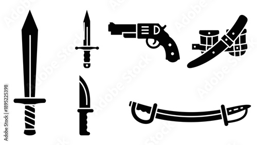 Silhouette of various weapons: gun, knife, sword, and dagger collection