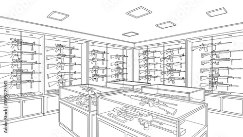 Gun store interior design with display of rifles and pistols in line art style