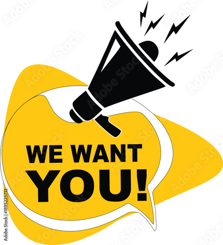 We Want You Recruitment Banner with Megaphone Icon for Job Hiring and Talent Search, Bold Yellow and Black Call to Action Sticker for HR and Business Advertising