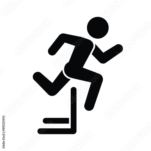 Simple black pictogram of a person running and leaping over an obstacle