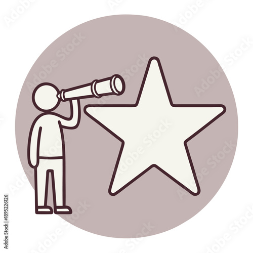 Minimalist outline illustration of stick figure person looking through handheld telescope at large star symbol on soft circular background