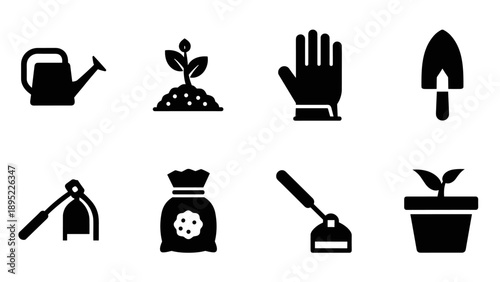 Gardening tools and plants icons set for home and outdoor gardening