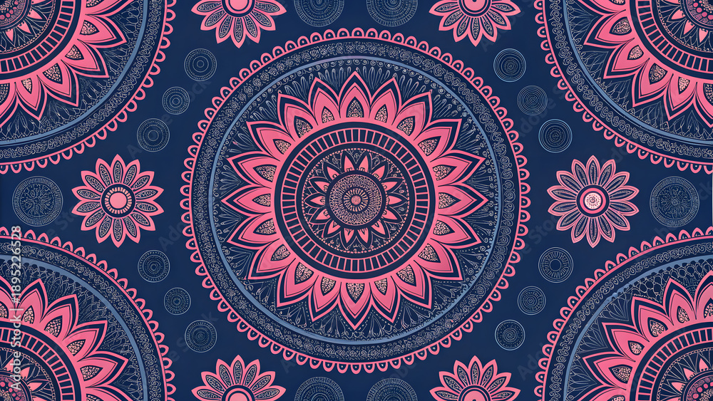 Fototapeta premium Traditional Mandala Textile Pattern, Repeating Ethnic Floral Motif, Pink and Blue