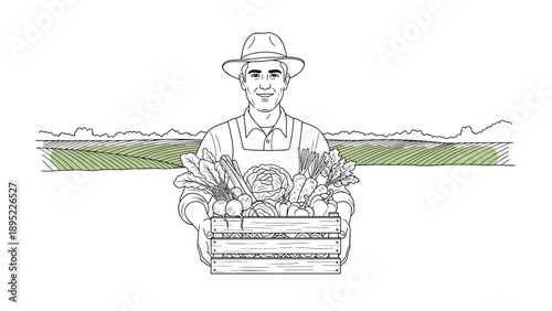 Farmer with fresh vegetables in rustic landscape line art