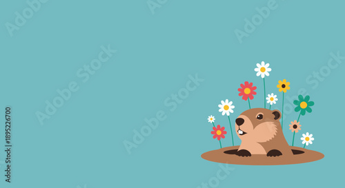 Cute groundhog with colorful flowers