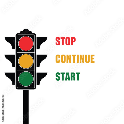 A traffic light displaying red yellow and green signals with text