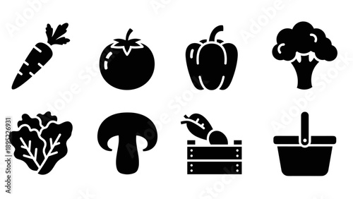 Bold silhouette icons of fresh vegetables with picnic basket