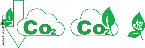 Green CO2 Emission Reduction Icons and Carbon Neutral Symbols with Leaves and Down Arrow, Environmental Sustainability Graphics for Eco Friendly Business Concept