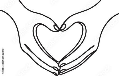 Two hands, one above and one below, protect a heart shape.one line vector illustration with white background.
