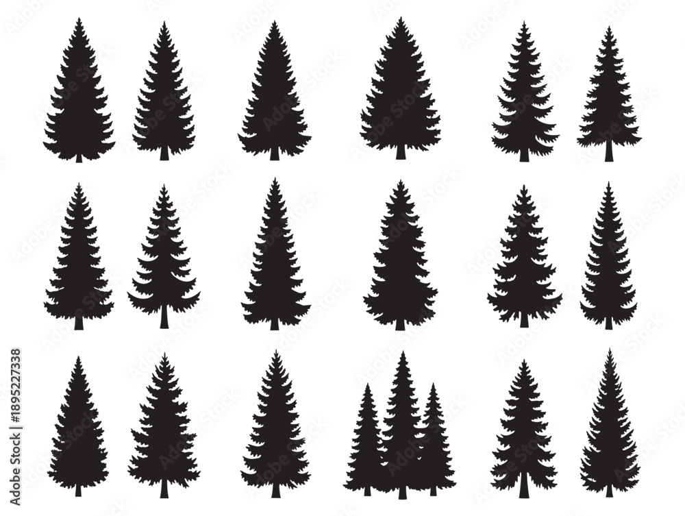 Fototapeta premium Collection of various black silhouette pine trees arranged in a grid pattern on a white background