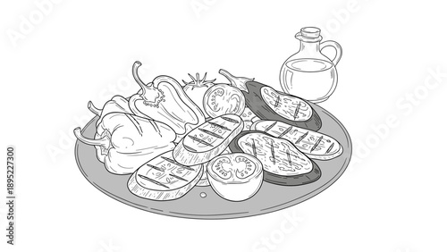 Grilled vegetables on tray with oil pitcher in linear style