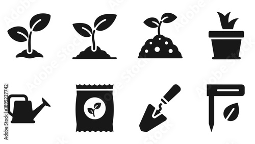 Gardening icons: growing tools and seedling silhouettes for horticulture designs