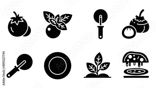 Silhouette icons of italian cuisine: pizza ingredients and tools collection