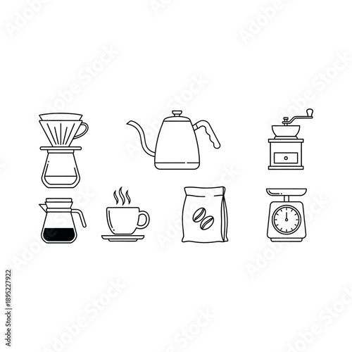 Coffee brewing process illustrated with various equipment and coffee beans in a minimalist style.