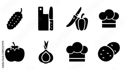 Silhouette culinary icons: knife, vegetables, chef hat for kitchen designs