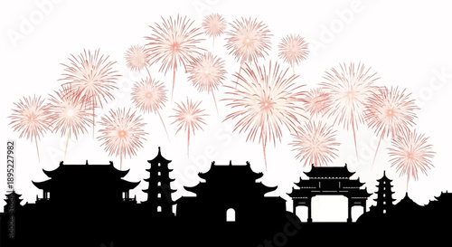 Silhouette of Chinese Buildings with Fireworks.